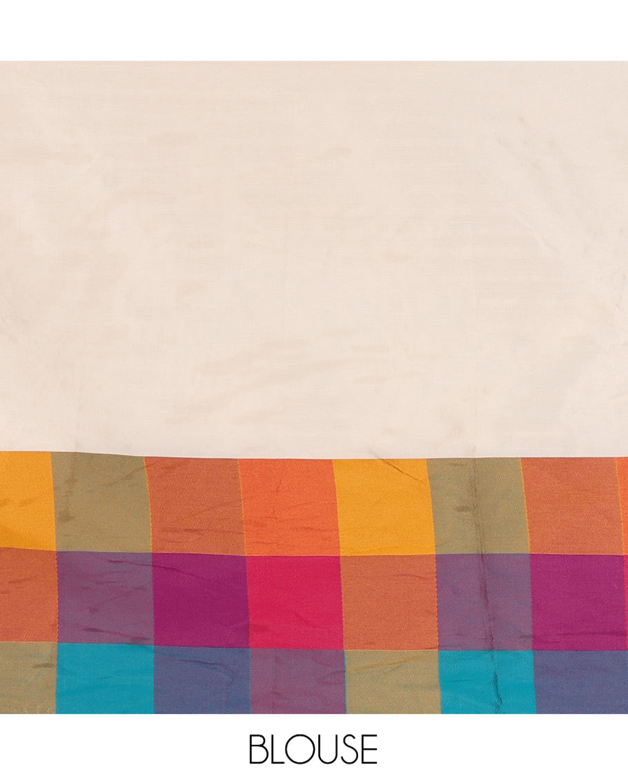 Cream-Mustard Semi- Silk Plain Half-Saree, Contrast Madras Checked Border, Matching Blouse and a Contrast Syska Georgette Dhavani