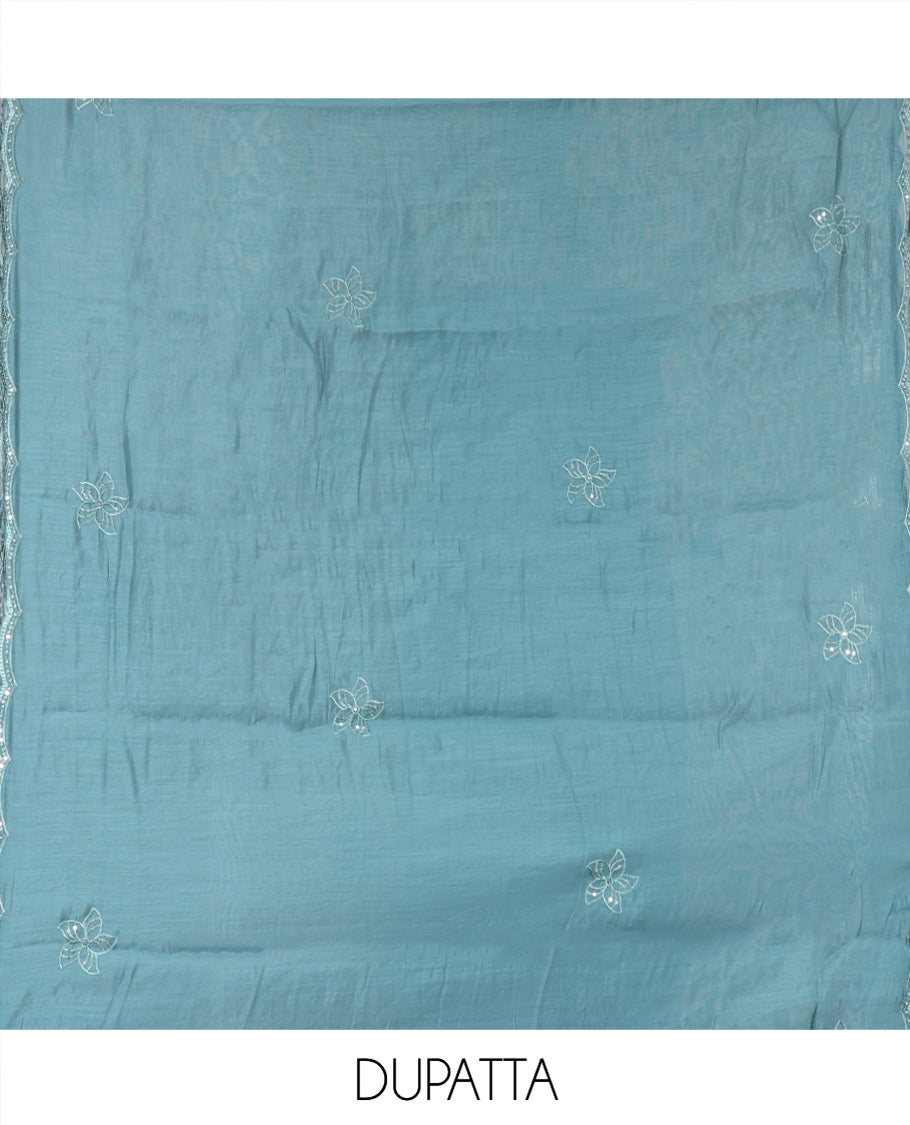 Sea Blue Mul Chanderi Material Chudidar Set, Floral Embroidered Top, Plain Bottom, and Scallop Embroidered Dupatta