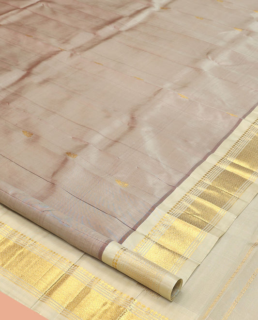 Grey Kanchipuram Silk Saree, Woven with Zari Buttas, a Contrast One-Sided Border of Panner Sombu, Banaras, Muthu, and Mayil Kann Designs, a Zari Design Pallu, and No Blouse