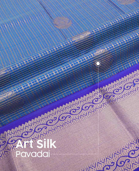 Dark blue checked, floral design art silk pavadai material with contrast zari design border & zari design blouse