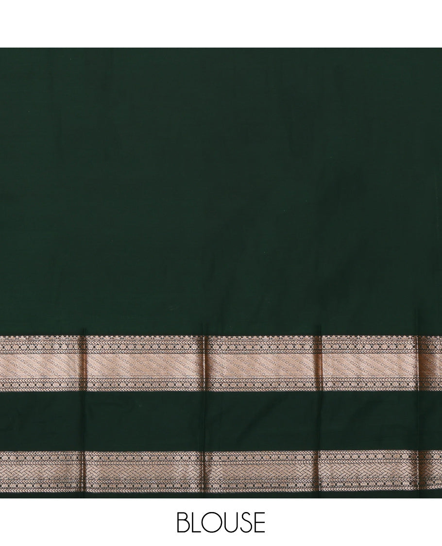 Sandal Budget Silk Saree, Subtly Sparkled with Zari Buttas, Complemented by a Contrast Traditional Zari Rettai Pettu Border, Jaal Pallu, and a Contrast Blouse