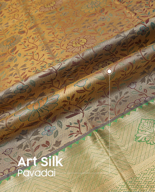 Beige art silk pavadai material set, floral jacquard pavadai, contrast blouse & traditional zari border