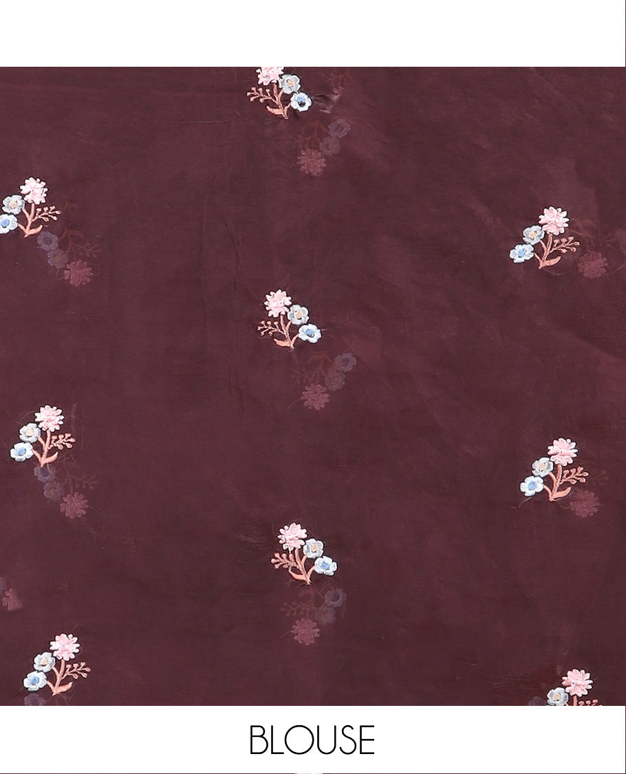 Orange crane and floral motifs thread embroidered designer saree, scallop floral thread embroidered border, and embroidered pallu