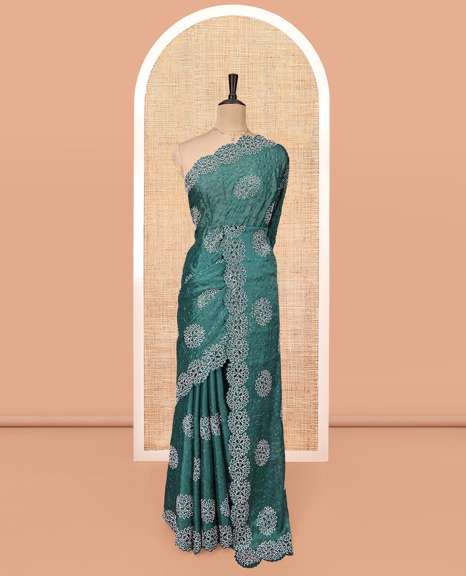 Green Designer Saree Featuring Floral Vine Embroidered and Stone Work All Over Its Body, a Scallop Cut-Embroidered Border, and Matching Blouse