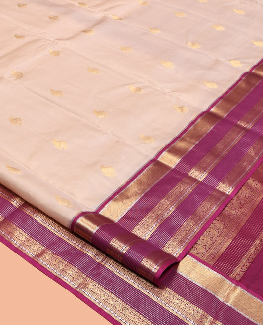 Sandal Vasundhara Lite Silk Mix Saree, Sparsely Woven with Zari Buttas, Complemented by a Contrast Border of Mayil Kann and Mayil Designs, Traditional Zari Pallu, and a Contrast Blouse