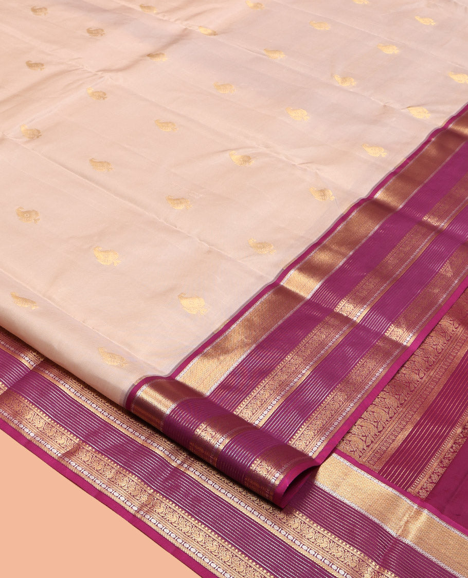 Sandal Vasundhara Lite Silk Mix Saree, Sparsely Woven with Zari Buttas, Complemented by a Contrast Border of Mayil Kann and Mayil Designs, Traditional Zari Pallu, and a Contrast Blouse