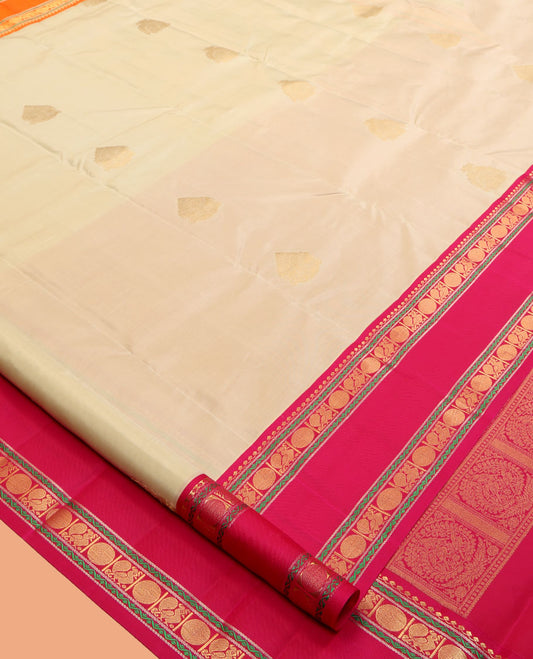 Sandal Vasundhara Lite Silk Mix Saree, Subtly Sparkled with Zari Buttas, a Contrast Ganga-Jamuna Rettai Pettu Border of Salngai, Neli, Mayil and Poun Designs, Grand Pallu, and a Contrast Blouse
