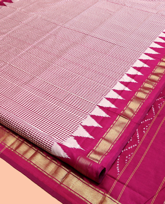 Pink Micro-Checked Pochampally Ikat Saree, a Contrast Temple Zari Border, Ikat-Style Jaal Pallu, and a Contrast Blouse
