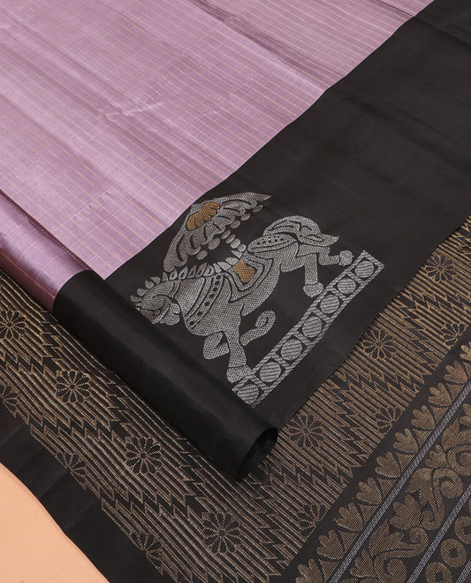 Light Lavender Mayuri Lite Silk Mix Saree, Subtly Sparkled with Muthu Stripes, Complemented by Contrast Border of Kuthirai Design, an Intricate Pallu, and a Contrast Blouse