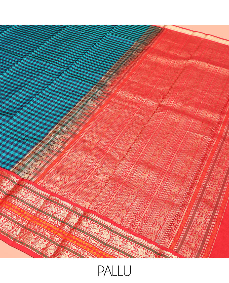 Blue Kanchipuram Silk Saree, Finely Crafted with Kasa-Kasa Checks, Contrast Border of Manga Mokku, Mayil, Poun and Kamalam, Pallu of Traditional Designs, and Contrast Blouse
