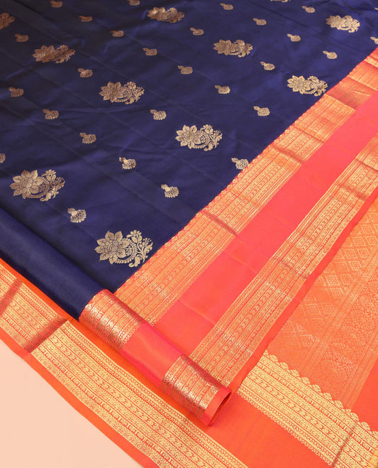 Blue Zari Buttas Vasundhara Silk Saree, Complemented by a Contrast Rettai Pettu Border of Salngai, Muthu, Kathir, Banaras, Manga, and Kamalam Designs, Jaal Pallu, and Contrast Blouse