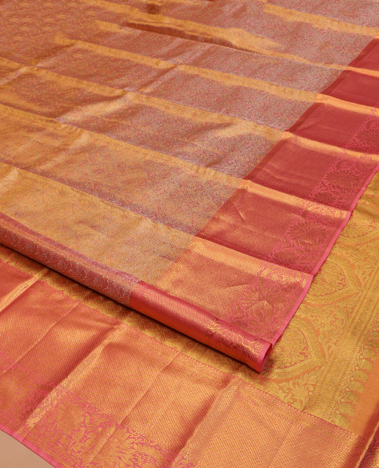 Pink Kanchipuram Silk Saree, Beautifully Bedecked with Jacquard Design All Over Its Body, Highlighted by a Zari Border of Thilakam, Muthu, Diamond, and Kodi Visiry Designs, and Pallu of Jaal Designs, and Paired with a Matching Blouse