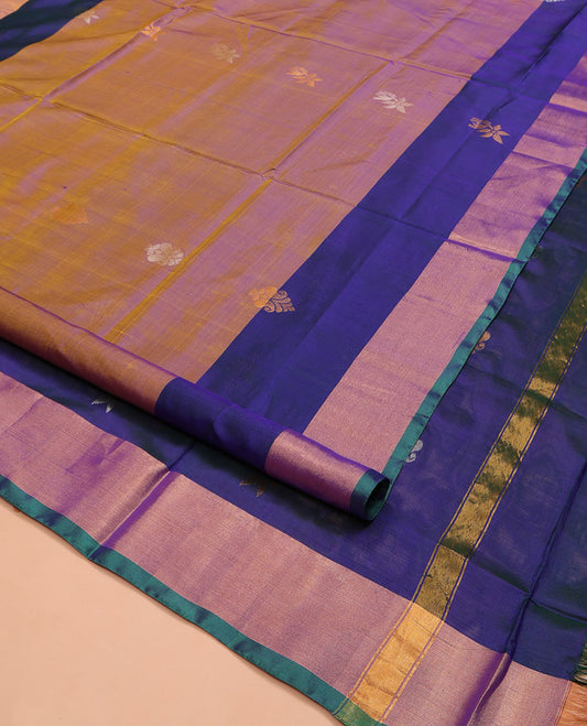 Purple-Mustard Dual-Tone Uppada Silk Saree, Accentuated with Zari Buttas on Its Body, Complemented by a Contrast Plain Border, Pallu Steeped with Zari Buttas, and Paired with a Contrast Blouse