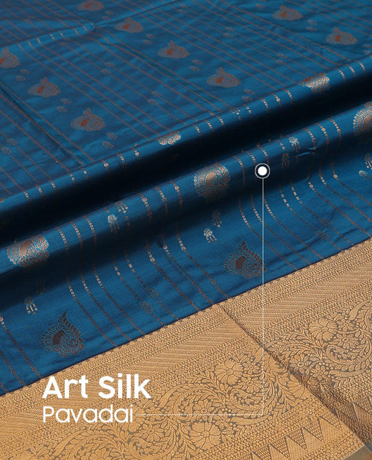 Blue Art Silk Pavadai Material Set, Delicately Designed with Zari Designs Skirt, Complemented by a Contrast Traditional Zari Motifs Woven Border, and Paired with a Contrast Blouse