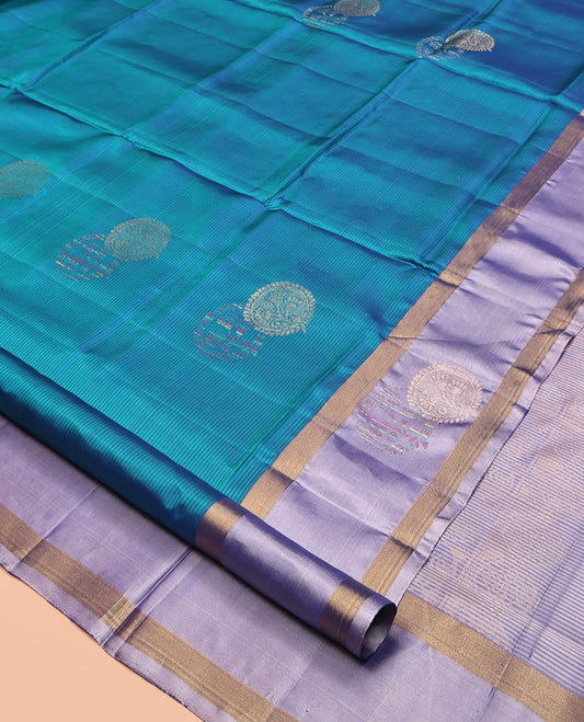 Blue Mayuri Lite Silk Mix Saree, Majestically Detailed with Buttas and Stripes, Complemented by Contrast Unique Design Border, Sparsely Woven Pallu, and Contrast Blouse