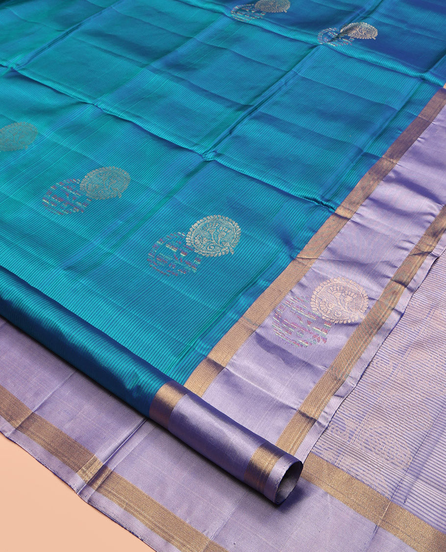 Blue Mayuri Lite Silk Mix Saree, Majestically Detailed with Buttas and Stripes, Complemented by Contrast Unique Design Border, Sparsely Woven Pallu, and Contrast Blouse