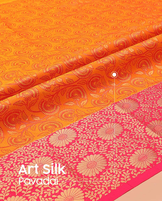 Orange Art Silk Pavadai Material Set, Enthralled with Floral Jaal Design on Its Skirt, Complemented by a Contrast Floral Zari Design Border, and Paired with a Contrast Blouse