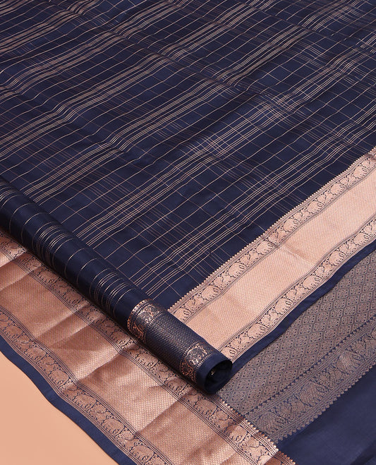 Blue Zari Checked Vasundhara Lite Silk Mix Saree, a Zari Mayil-Yaanai Border, Matching Blouse