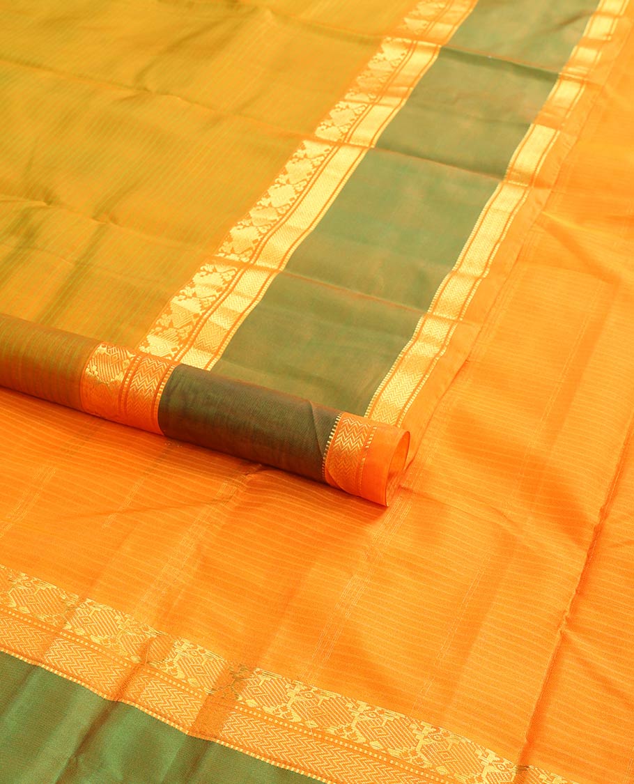 Mustasd striped kancheepuram silk saree with contrast intricate zari design border & striped pallu