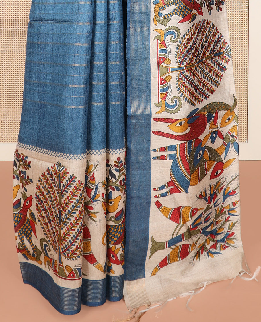 Blue striped and Madhubani-style tussar saree, zari striped border, and pallu of stripes and Madhubani print