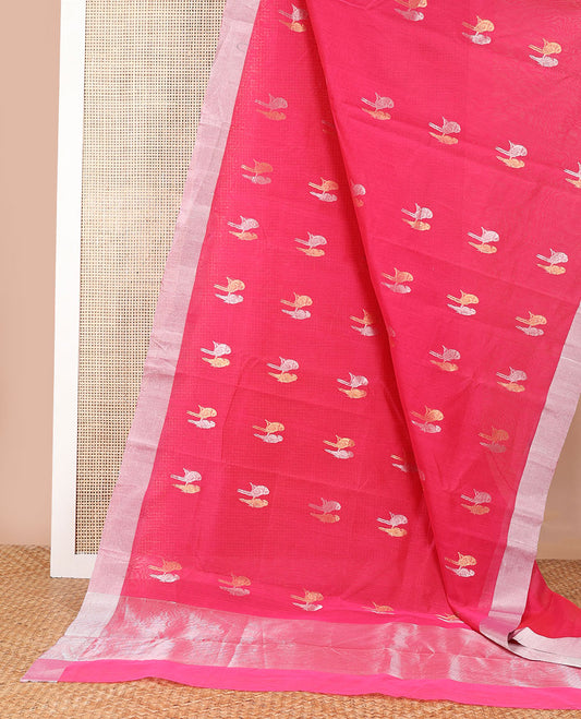 Red parrot motifs chanderi cotton saree with self zari border & striped pallu