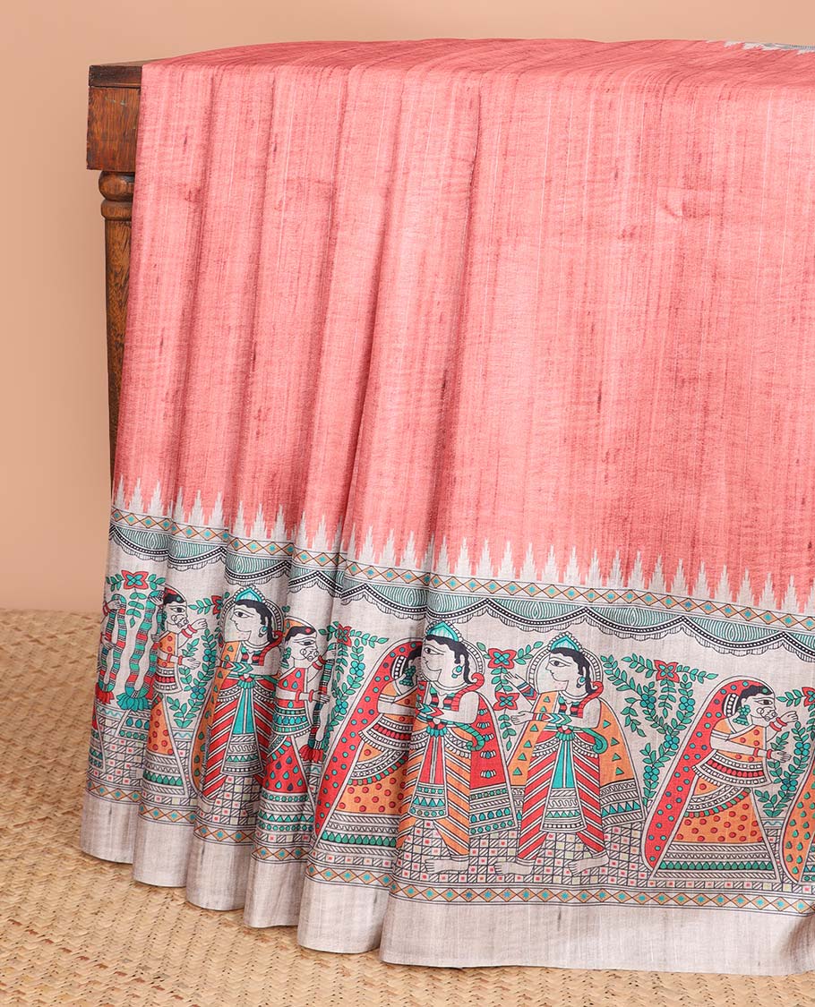 Santhoor Color Semi-Banaras Tussar Saree With Contrast Madhubani Design Border & Floral , madhubani style Pallu