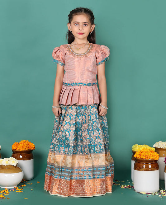 Grey art silk readymade pavadai set, floral jacquard with contrast traditional zari border skirt, contrast embroidered puff-sleeve blouse