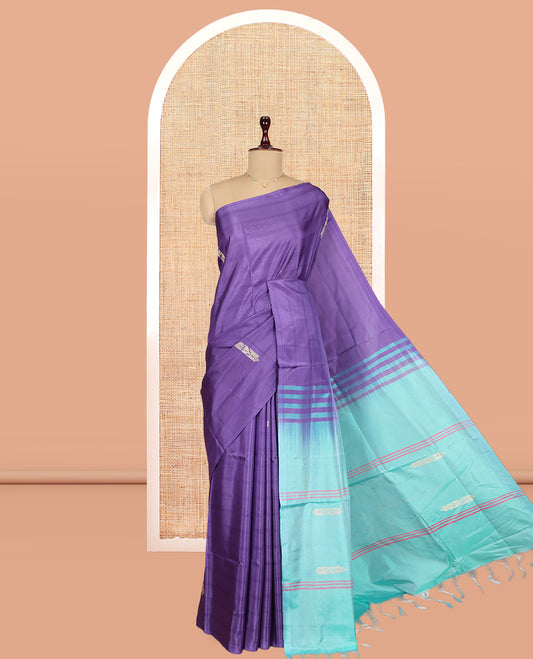 Borderless Violet Banana Pith Saree, Woven with Buttas, Complemented by a Contrast Pallu of Stripes and Buttas, and a Contrast Blouse