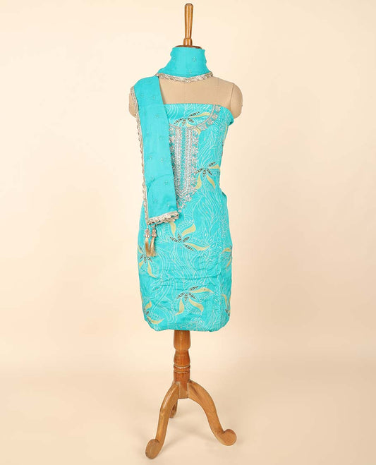 Blue material chudidhar set, floral print & embroidered top, plain bottom & sequins embroidered dupatta