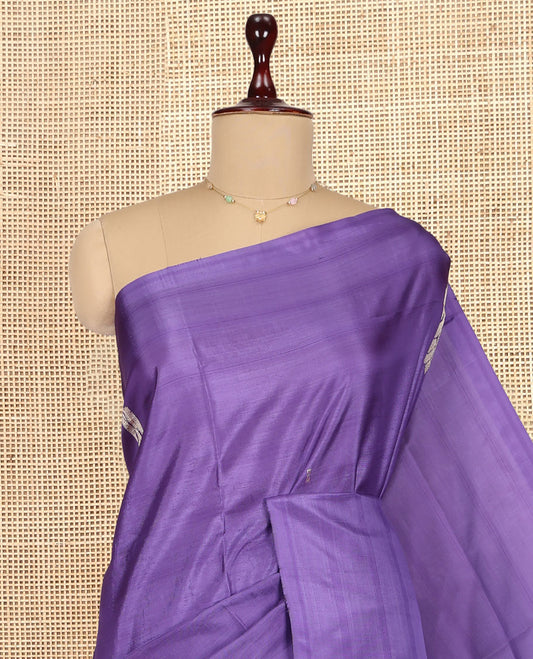 Borderless Violet Banana Pith Saree, Woven with Buttas, Complemented by a Contrast Pallu of Stripes and Buttas, and a Contrast Blouse