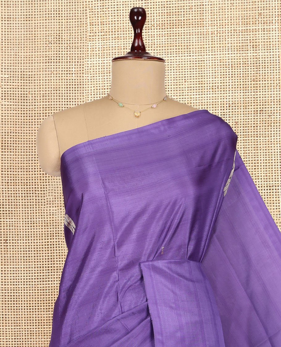 Borderless Violet Banana Pith Saree, Woven with Buttas, Complemented by a Contrast Pallu of Stripes and Buttas, and a Contrast Blouse