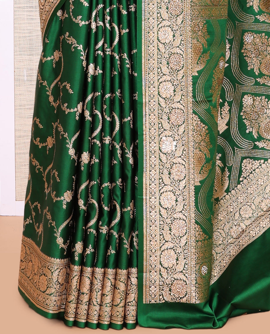 Green Semi-Banaras Satin Silk Saree