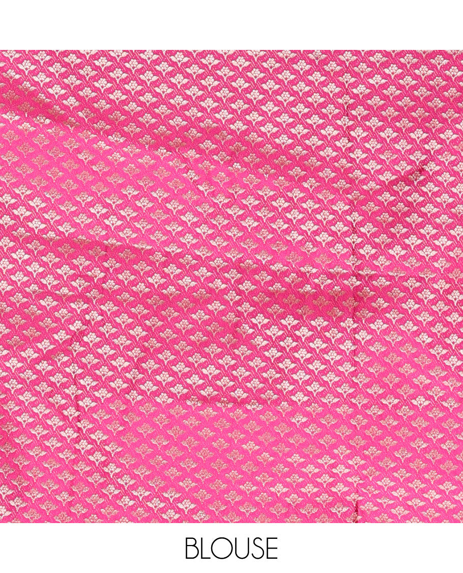 Cream-Magenta Art Silk Half Saree, Embellished with Zari Buttas Skirt, Contrast Traditional Border, Jacquard Blouse, and a Contrast Banaras Dhavani