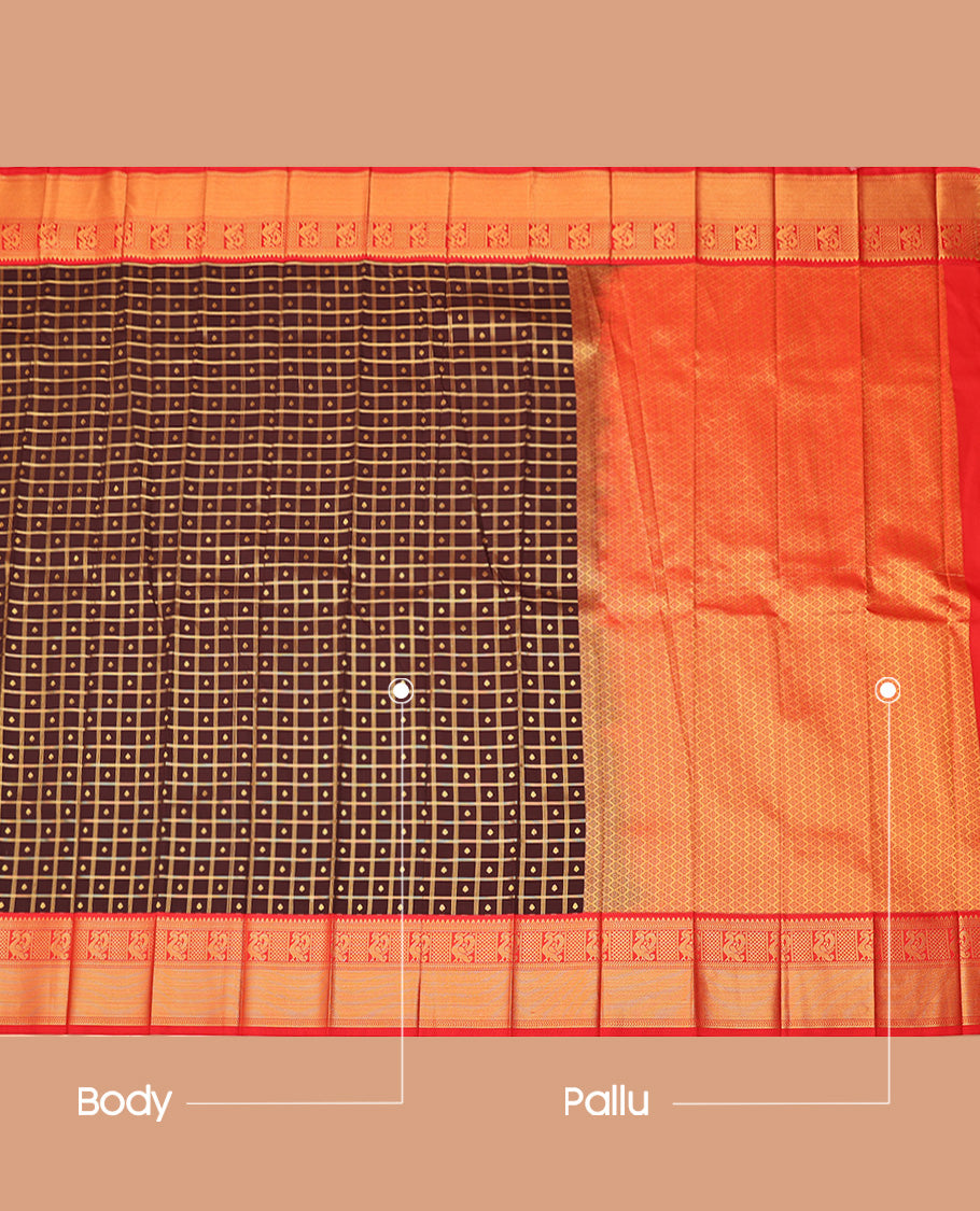 Brown Budget Silk Saree, Accentuated With Zari Butta Enclosed Checks On Its Body, Complemented by Contrast Traditional Zari Designs Woven Border, Grand Jaal Pallu and Paired with a Contrast Blouse