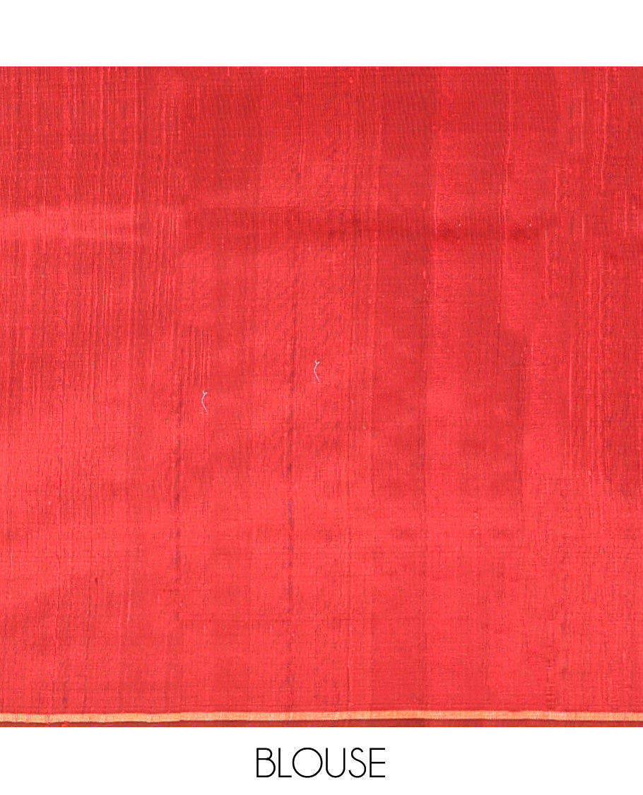 Red Dupion Silk Saree, Subtly Enriched with Buttas, a Traditional Border, Gleaming Zari Pallu, and a Matching Blouse