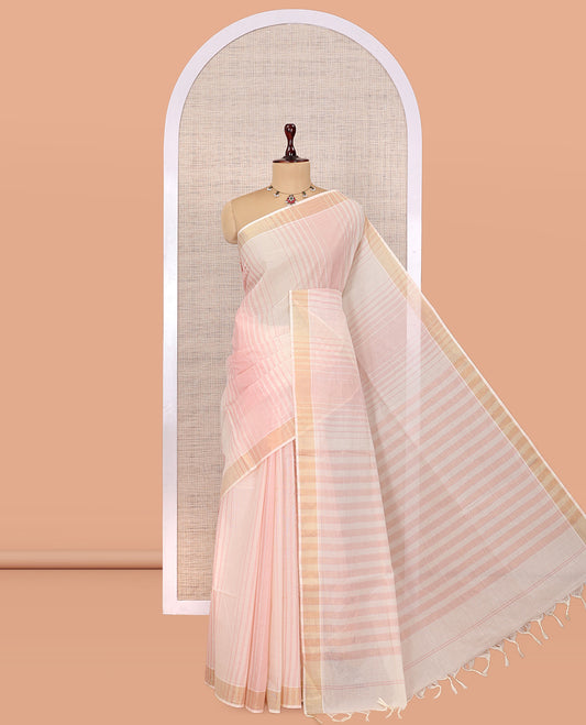 Cream-Pale Pink Jute Cotton Saree