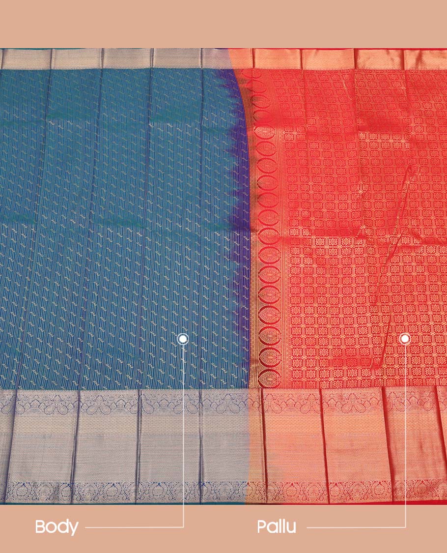 Blue Budget Silk Saree, Enriched with Zari Buttas and Stripes All Over Its Body, Complemented by Contrast Traditional Zari Designs Rettai Pettu Border, Grand Jaal Pallu and Paired with a Contrast Blouse