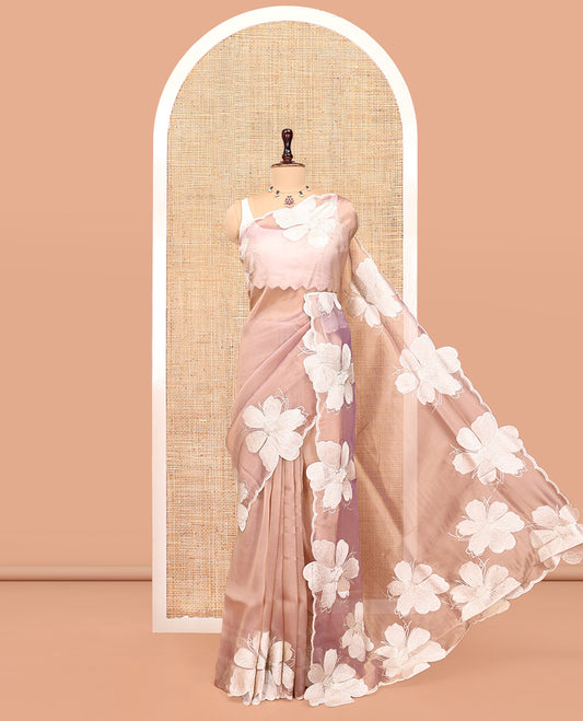 Pale Brown Plain Organza Saree, a Scalloped Floral Thread Embroidery Border, and a Matching Embroidered Blouse