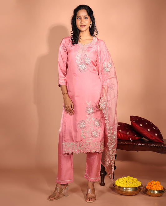 Pink Glass Fabric Readymade Suit