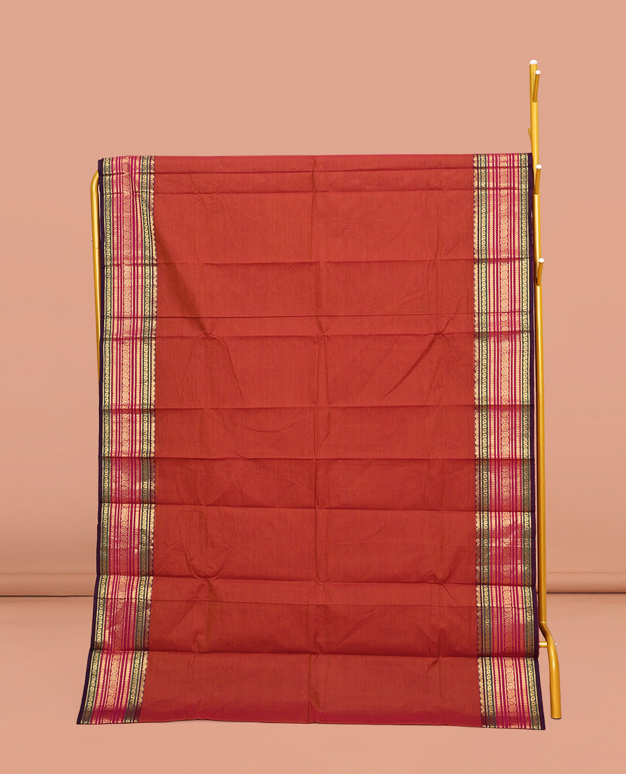 Orange Plain Chettinad Cotton Saree, Complemented by a Contrast Traditional Zari Design Border, Pallu of Stripes, and Paired with a Matching Blouse