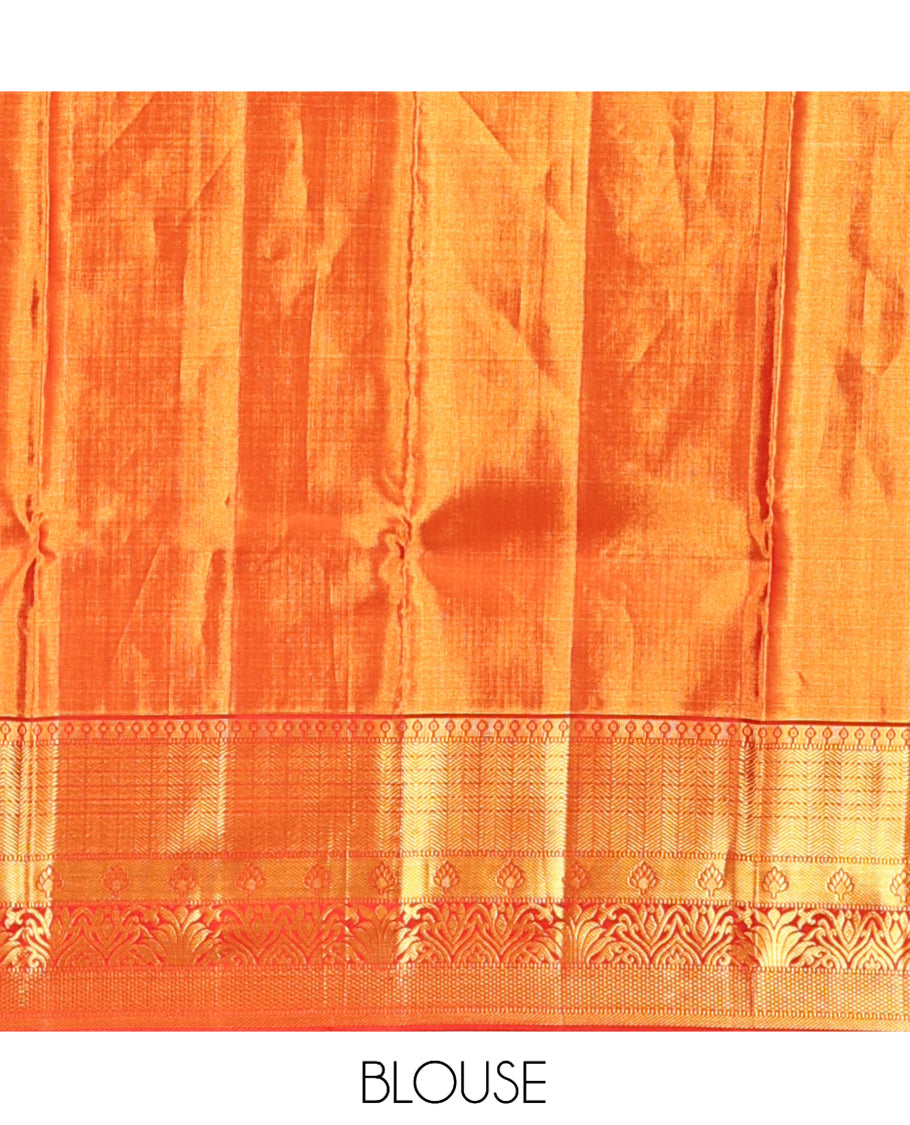 Orange Jacquard Kanchipuram Tissue Silk Saree, Complemented by a Contrast Traditional Zari Border, Grand Pallu, and a Matching Blouse