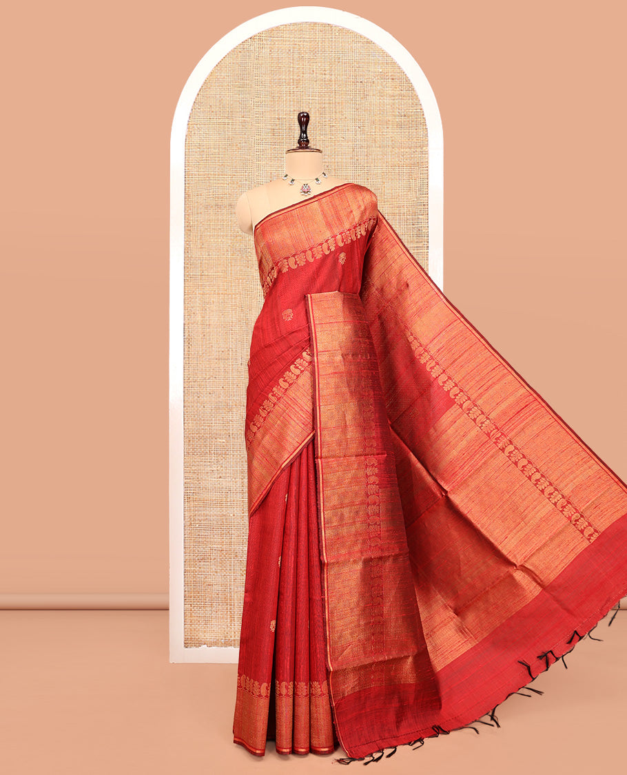 Red Dupion Silk Saree, Subtly Enriched with Buttas, a Traditional Border, Gleaming Zari Pallu, and a Matching Blouse