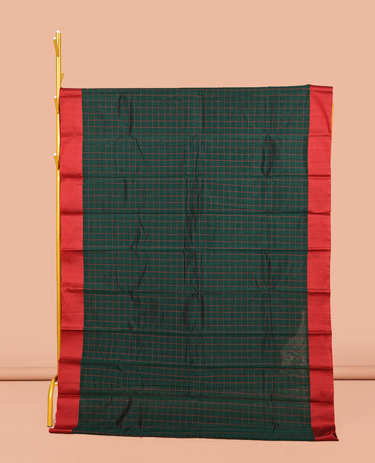 Dark Green Semi-Silk Cotton Saree, Subtly Sparkled with Checks All Over Its Body, Complemented by a Contrast Border, Striped Pallu, and Paired with a Matching Blouse