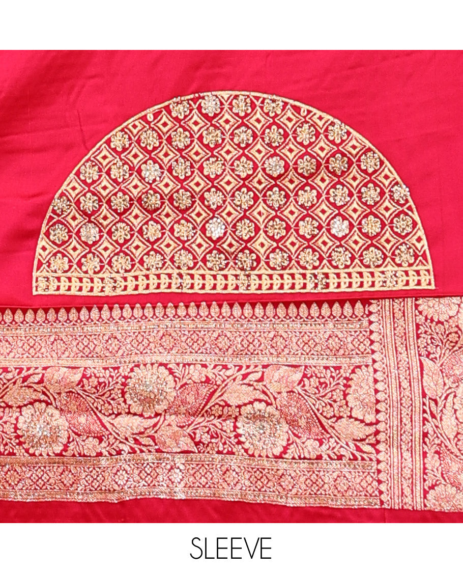 Red Banarasi Satin Saree, Mesmerized with Floral Jaal Jacquard, a Floral Creeper Border, Intricate Stonework Pallu, and a Matching Blouse