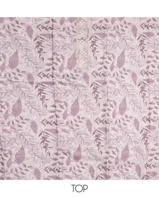 Pink Material Chudidar Set, Prettified with Abstract-Style Leaf Printed and Embroidery on Cotton Top, a Contrast Plain Cotton Bottom, and Paired with Sequins Striped Cotton Dupatta