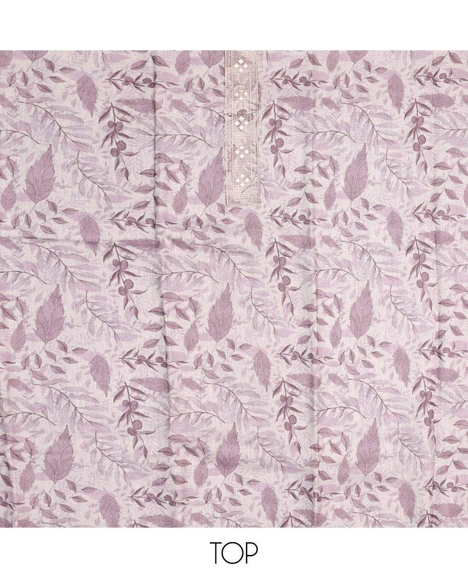 Pink Material Chudidar Set, Prettified with Abstract-Style Leaf Printed and Embroidery on Cotton Top, a Contrast Plain Cotton Bottom, and Paired with Sequins Striped Cotton Dupatta