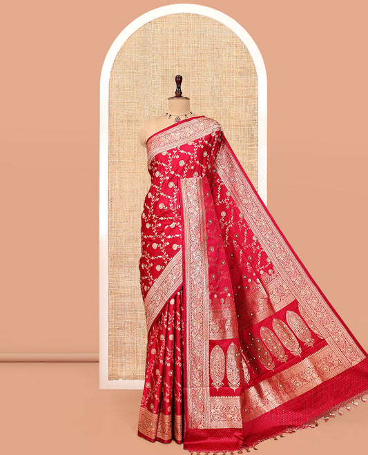 Red Banarasi Satin Saree, Mesmerized with Floral Jaal Jacquard, a Floral Creeper Border, Intricate Stonework Pallu, and a Matching Blouse