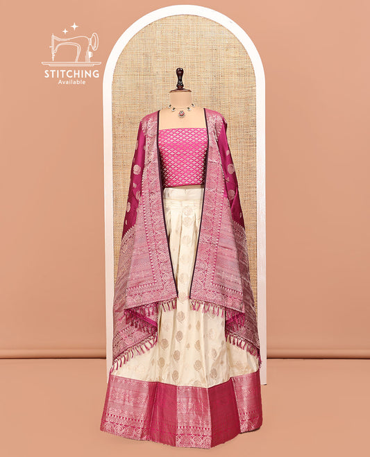 Cream-Magenta Art Silk Half Saree, Embellished with Zari Buttas Skirt, Contrast Traditional Border, Jacquard Blouse, and a Contrast Banaras Dhavani