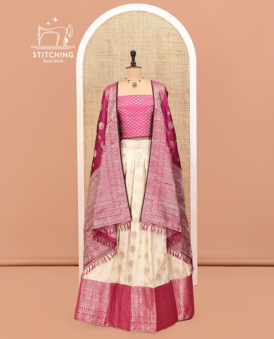 Cream-Magenta Art Silk Half Saree, Embellished with Zari Buttas Skirt, Contrast Traditional Border, Jacquard Blouse, and a Contrast Banaras Dhavani