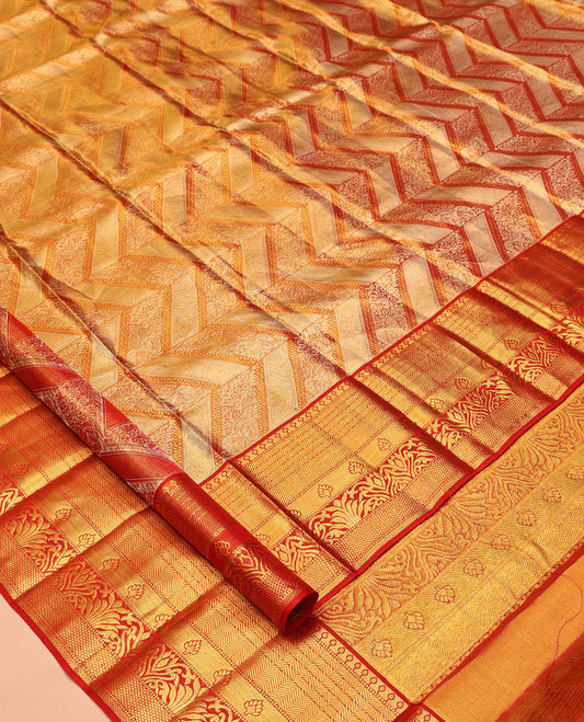 Orange Jacquard Kanchipuram Tissue Silk Saree, Complemented by a Contrast Traditional Zari Border, Grand Pallu, and a Matching Blouse